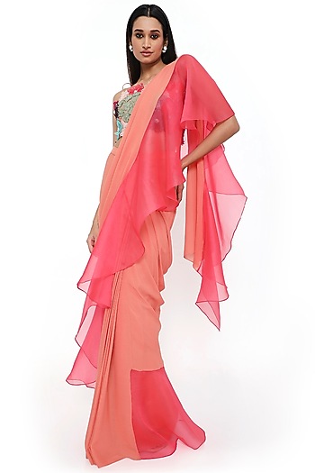 Peach & Coral Georgette Ruffled Pre-Stitched Wedding Saree Set by Payal Singhal at Pernia's Pop Up Shop