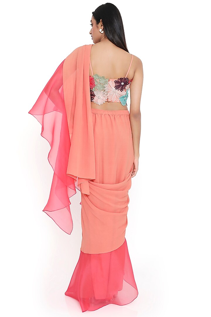 Peach & Coral Georgette Ruffled Pre-Stitched Wedding Saree Set by Payal Singhal at Pernia's Pop Up Shop