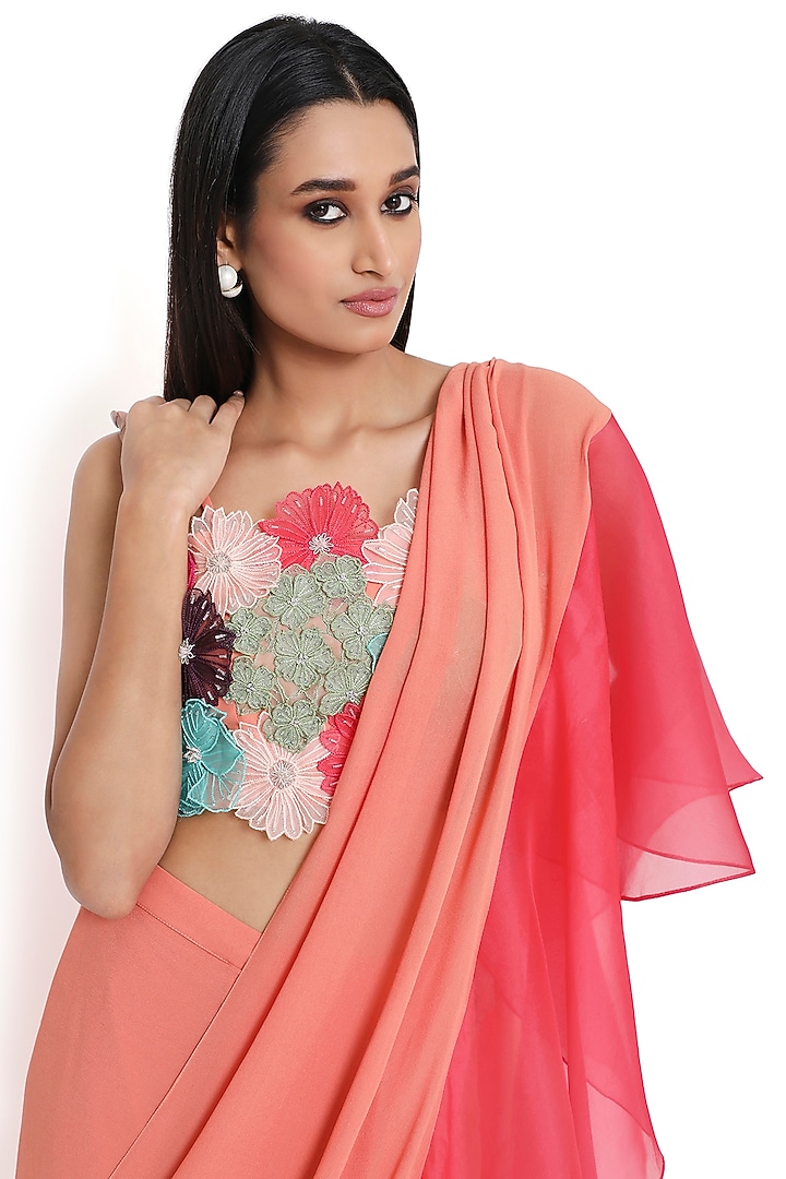 Peach & Coral Georgette Ruffled Pre-Stitched Wedding Saree Set by Payal Singhal at Pernia's Pop Up Shop
