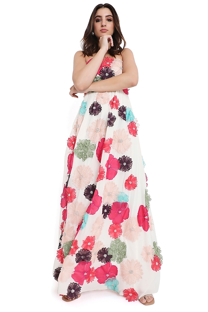 Off-White Georgette 3D Floral Embroidered Maxi Dress by Payal Singhal