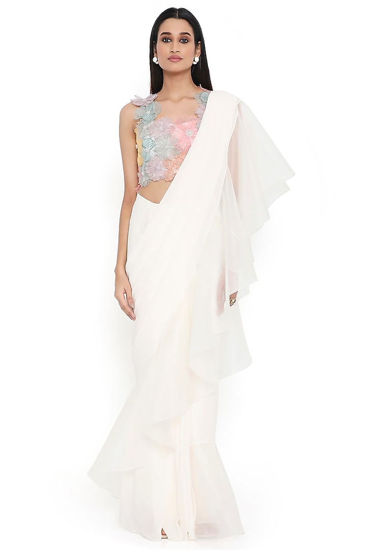Off-White Georgette & Organza Ruffled Reception Saree Set by Payal Singhal at Pernia's Pop Up Shop