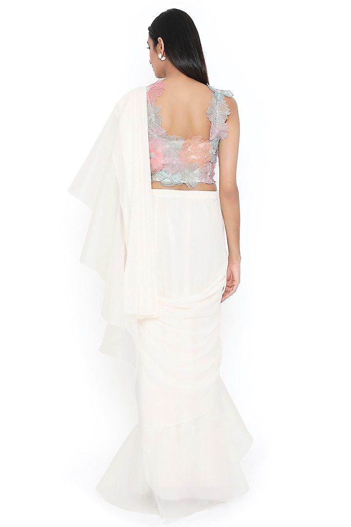 Off-White Georgette & Organza Ruffled Reception Saree Set by Payal Singhal at Pernia's Pop Up Shop