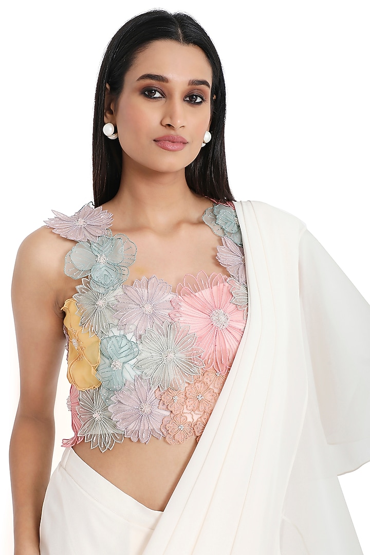 Off-White Georgette & Organza Ruffled Reception Saree Set by Payal Singhal at Pernia's Pop Up Shop