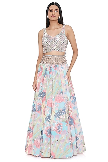 Multi-Colored Crepe Printed & Mirror Work Wedding Lehenga Set by Payal Singhal at Pernia's Pop Up Shop