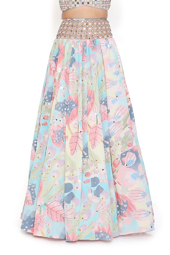 Multi-Colored Crepe Printed & Mirror Work Wedding Lehenga Set by Payal Singhal at Pernia's Pop Up Shop