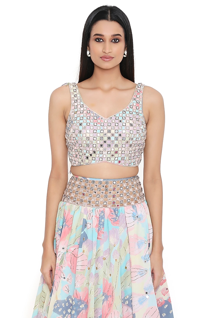 Multi-Colored Crepe Printed & Mirror Work Wedding Lehenga Set by Payal Singhal at Pernia's Pop Up Shop
