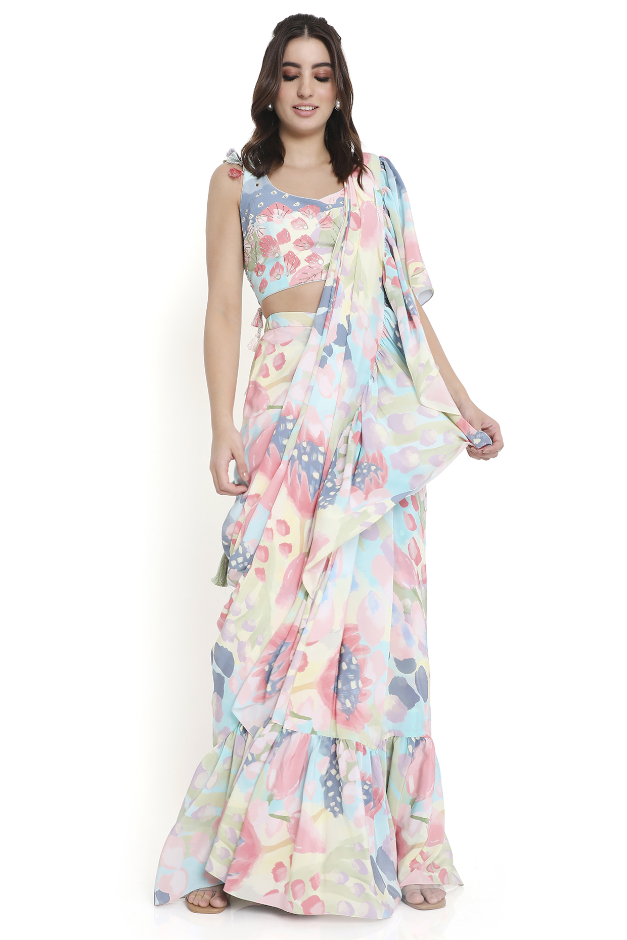 Multi-Colored Crepe Printed & Ruffled Pre-Stitched Wedding Saree Set by Payal Singhal at Pernia's Pop Up Shop