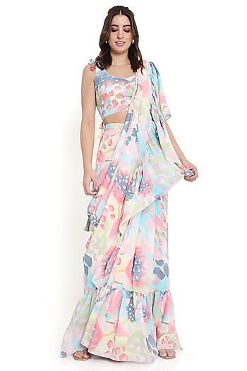 Multi-Colored Crepe Printed & Ruffled Pre-Stitched Wedding Saree Set by Payal Singhal at Pernia's Pop Up Shop
