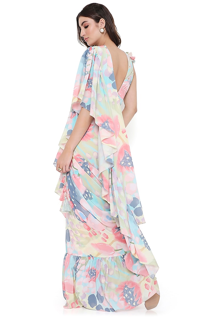 Multi-Colored Crepe Printed & Ruffled Pre-Stitched Wedding Saree Set by Payal Singhal at Pernia's Pop Up Shop
