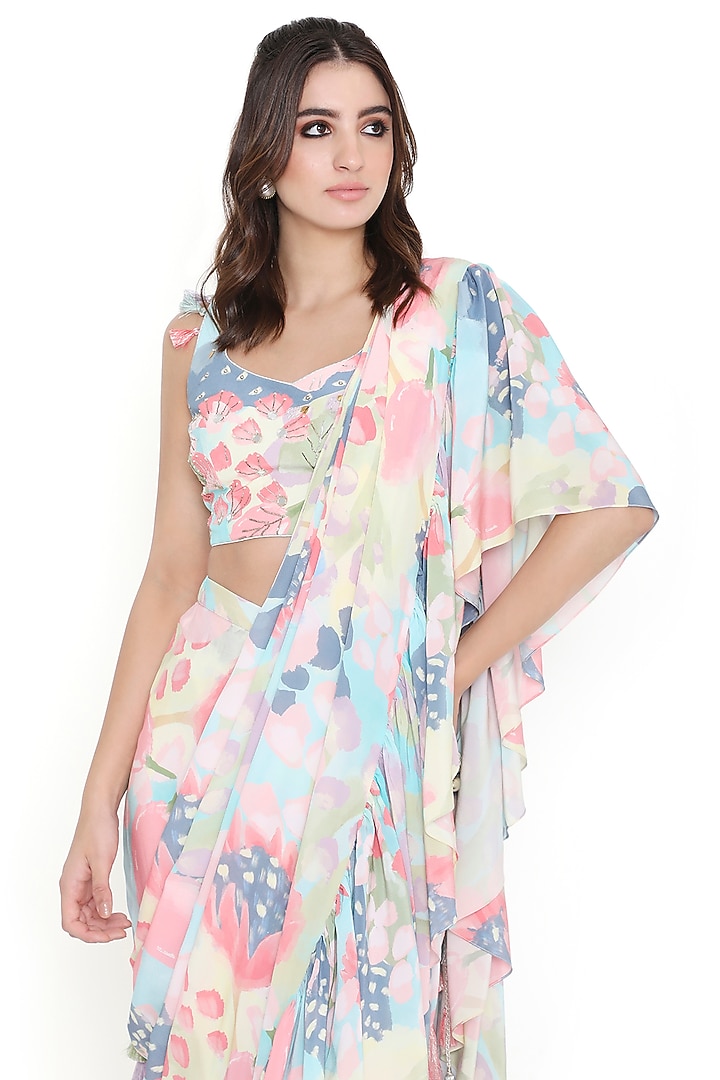 Multi-Colored Crepe Printed & Ruffled Pre-Stitched Wedding Saree Set by Payal Singhal at Pernia's Pop Up Shop