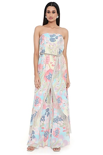 Multi-Colored Crepe Printed & Embroidered Tube Kurta Set by Payal Singhal at Pernia's Pop Up Shop
