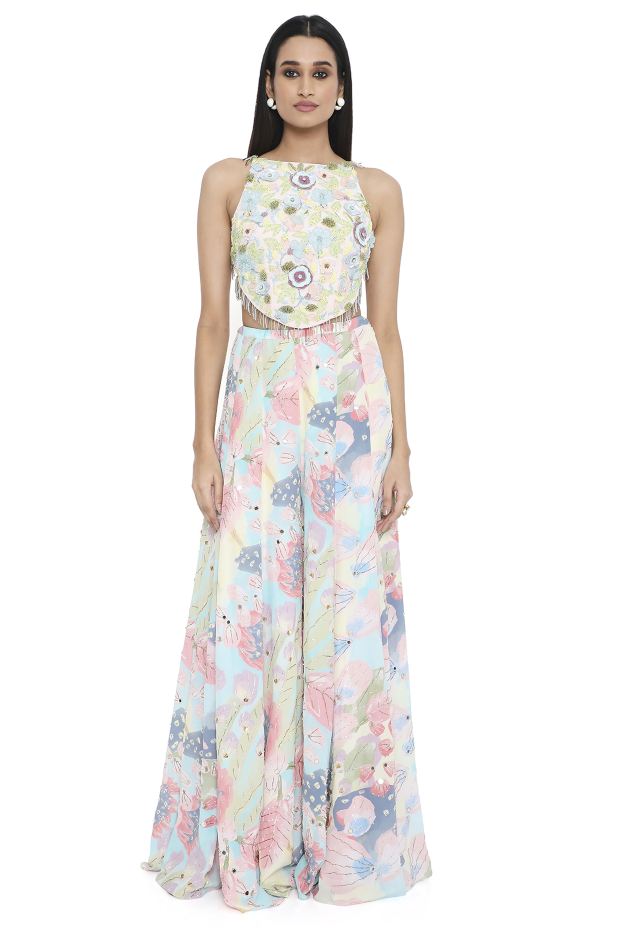 Multi-Colored Crepe Printed & Embroidered Sharara Set by Payal Singhal at Pernia's Pop Up Shop