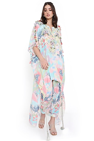 Multi-Colored Crepe Printed & Embroidered High-Low Kaftan Set by Payal Singhal