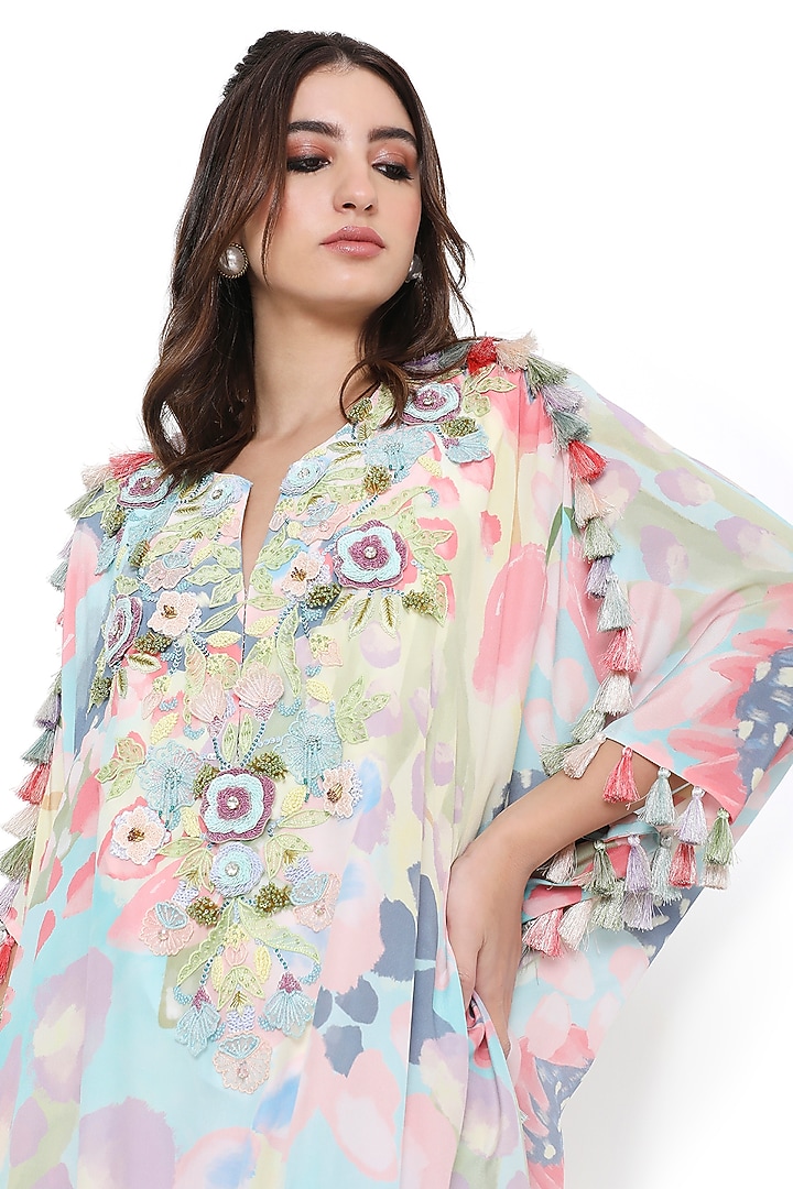 Multi-Colored Crepe Printed & Embroidered High-Low Kaftan Set by Payal Singhal at Pernia's Pop Up Shop