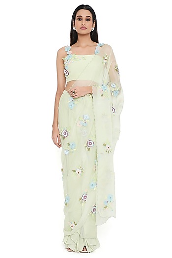 Mint Crepe Embroidered Pre-Stitched Reception Saree Set by Payal Singhal at Pernia's Pop Up Shop