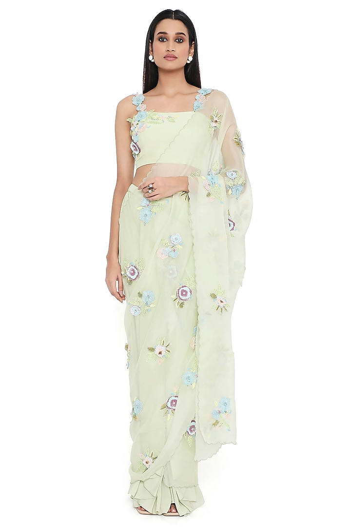 Mint Crepe Embroidered Pre-Stitched Saree Set by Payal Singhal