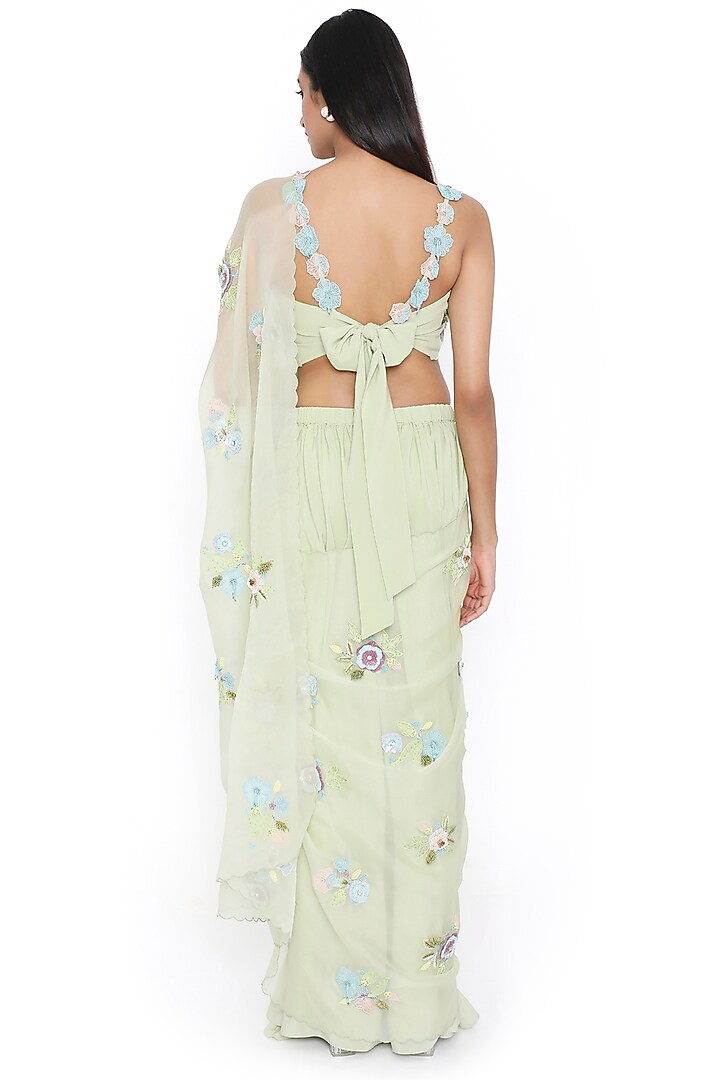 Mint Crepe Embroidered Pre-Stitched Reception Saree Set by Payal Singhal at Pernia's Pop Up Shop