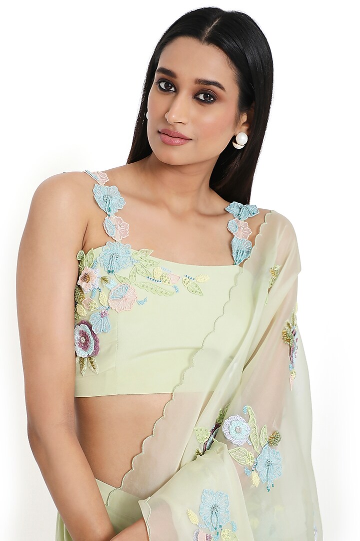 Mint Crepe Embroidered Pre-Stitched Reception Saree Set by Payal Singhal at Pernia's Pop Up Shop