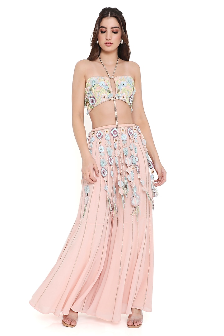 Rose Pink Georgette Floral Tassel Hanging Bridal Sharara Set by Payal Singhal at Pernia's Pop Up Shop