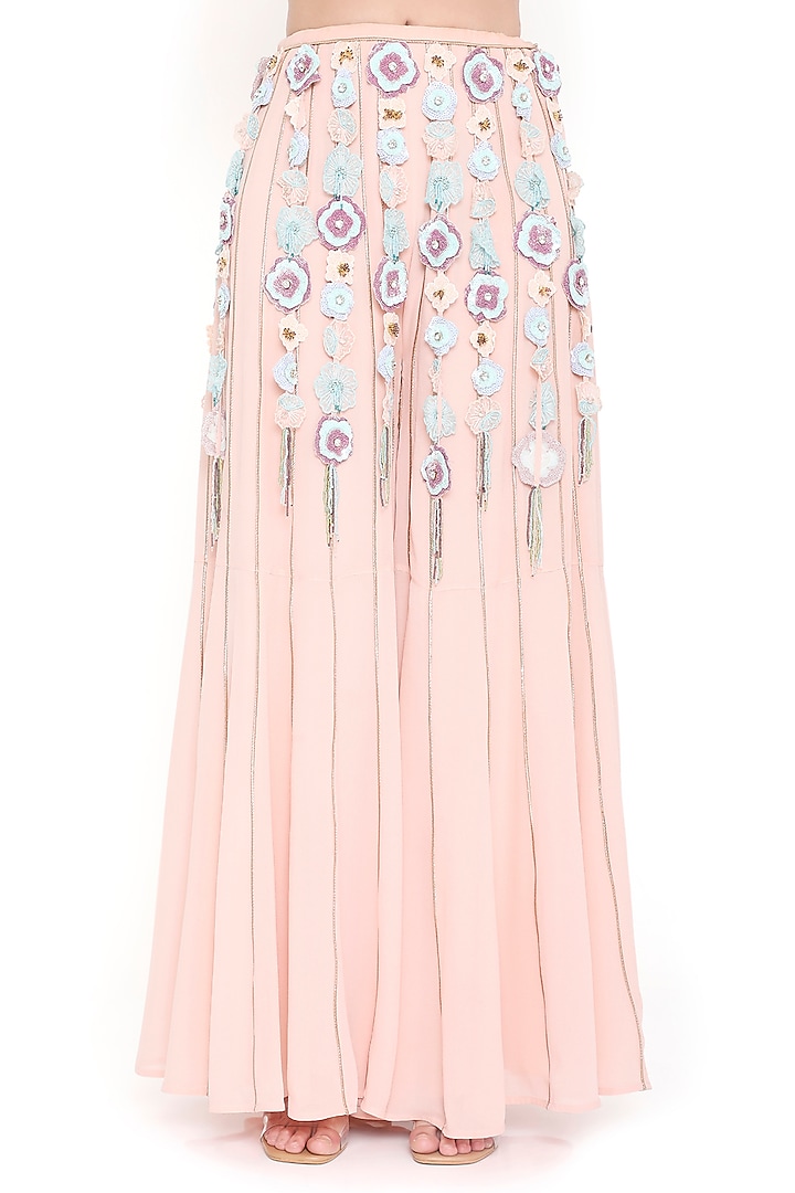 Rose Pink Georgette Floral Tassel Hanging Bridal Sharara Set by Payal Singhal at Pernia's Pop Up Shop