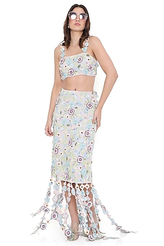 Lilac Georgette Georgette 3D Floral Embroidered Skirt Set by Payal Singhal