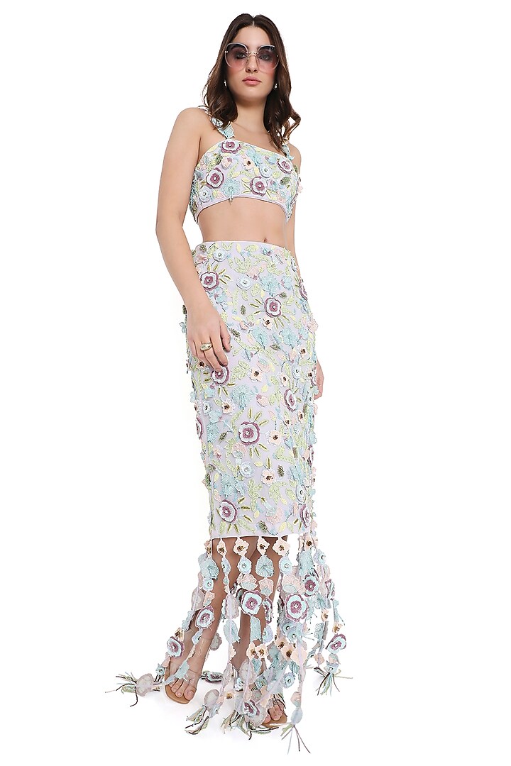 Lilac Georgette Georgette 3D Floral Embroidered Skirt Set by Payal Singhal at Pernia's Pop Up Shop