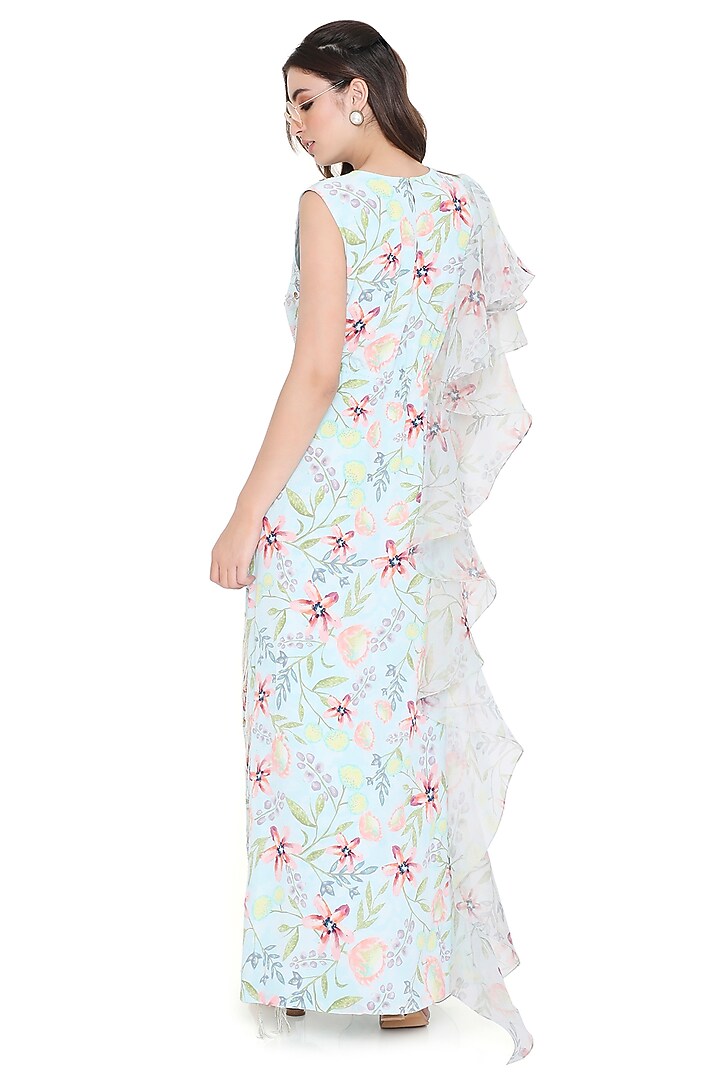 Lavender Crepe Printed & Embroidered Ruffled Kaftan by Payal Singhal at Pernia's Pop Up Shop