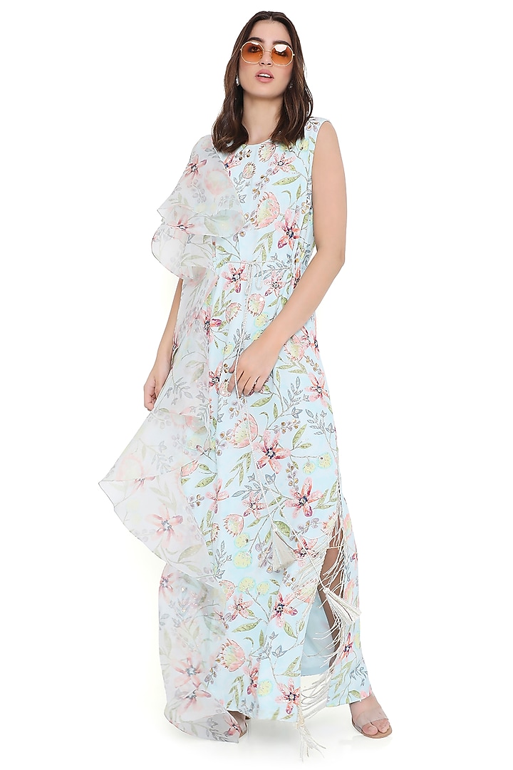Lavender Crepe Printed & Embroidered Ruffled Kaftan by Payal Singhal at Pernia's Pop Up Shop