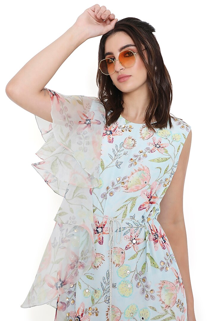 Lavender Crepe Printed & Embroidered Ruffled Kaftan by Payal Singhal at Pernia's Pop Up Shop