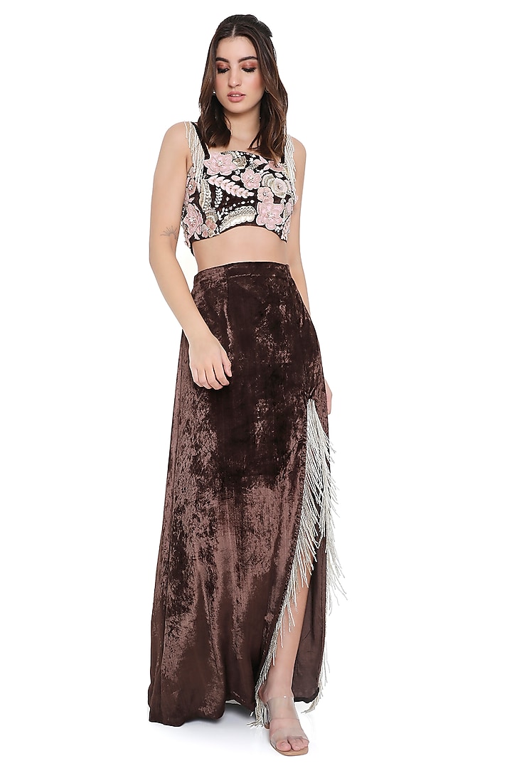 Brown Velvet Skirt Set by Payal Singhal