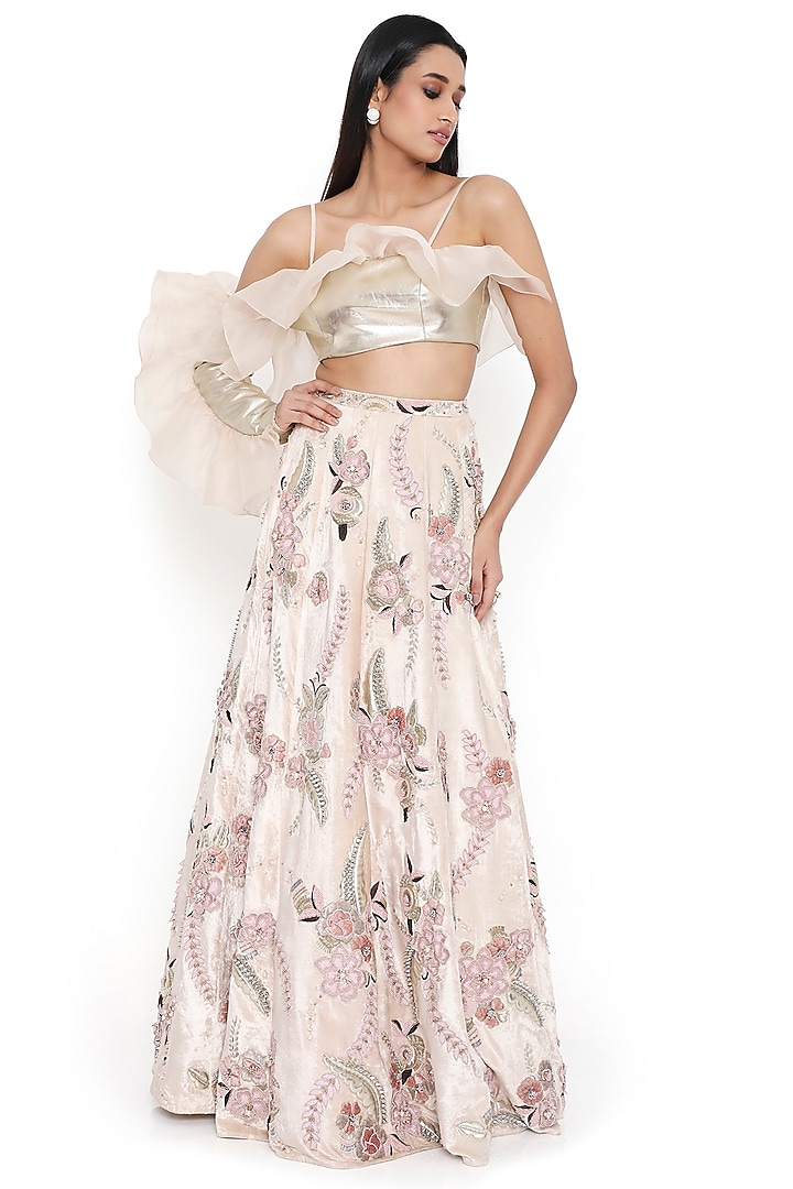 Gold & Stone Color Velvet Embroidered Bridal Lehenga Set by Payal Singhal at Pernia's Pop Up Shop