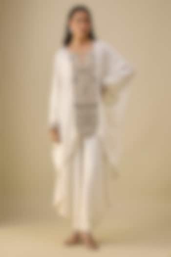 Off-White Dola Silk Hand Embroidered Kaftan Set by Payal Singhal at Pernia's Pop Up Shop