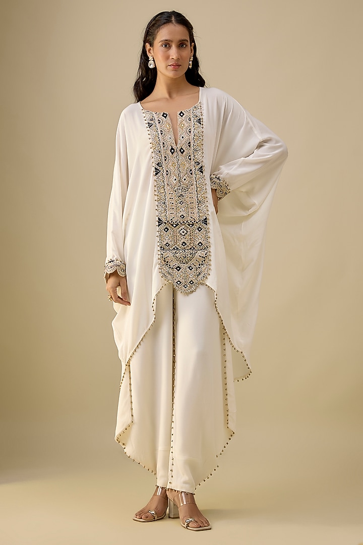 Off-White Dola Silk Hand Embroidered Kaftan Set by Payal Singhal at Pernia's Pop Up Shop