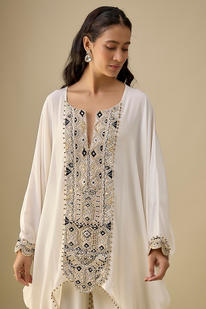 Off-White Dola Silk Hand Embroidered Kaftan Set by Payal Singhal at Pernia's Pop Up Shop