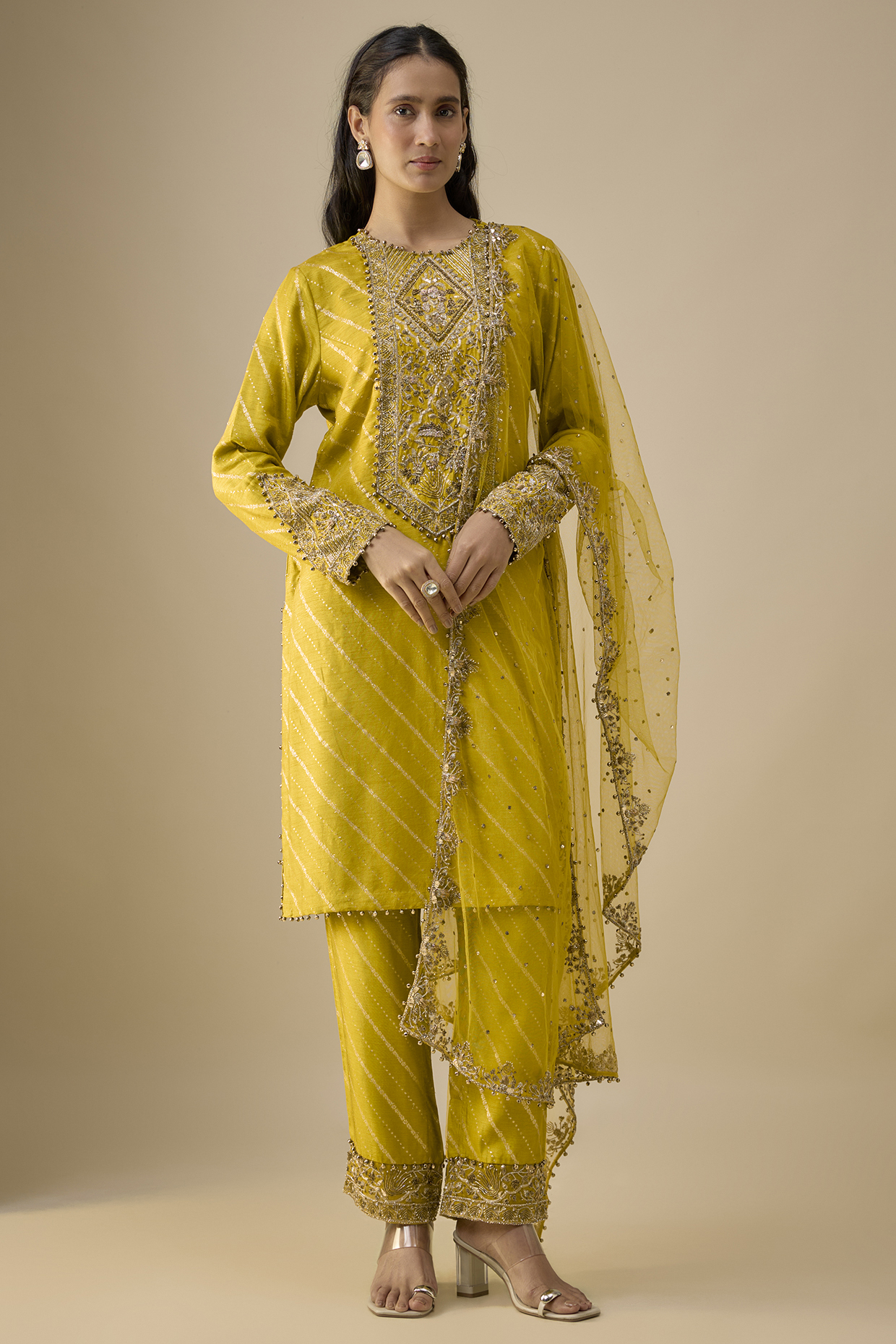 Olive Green Dola Silk Hand Embroidered Kurta Set by Payal Singhal at Pernia's Pop Up Shop