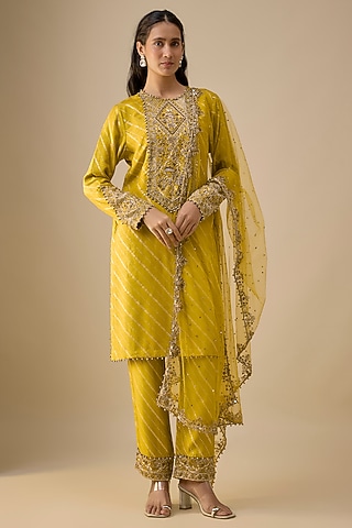 Olive Green Dola Silk Hand Embroidered Kurta Set by Payal Singhal