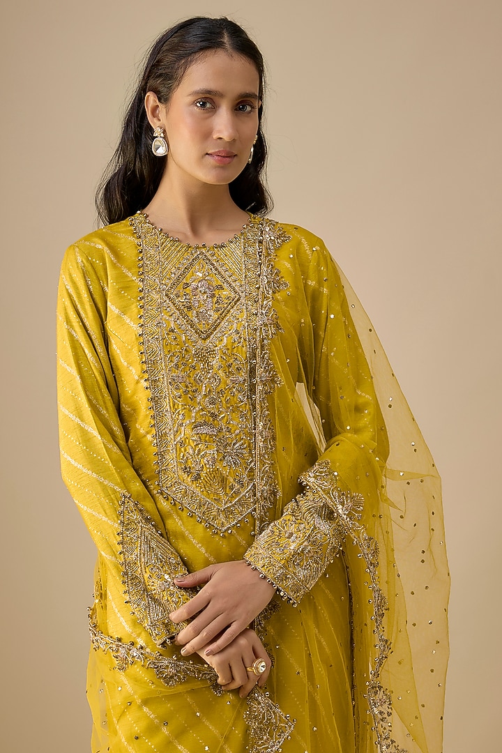 Olive Green Dola Silk Hand Embroidered Kurta Set by Payal Singhal at Pernia's Pop Up Shop