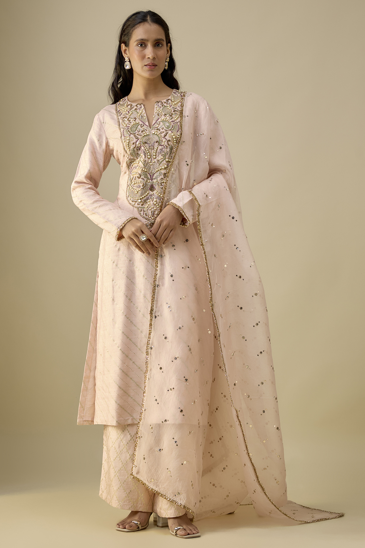 Blush Pink Dola Silk Hand Embroidered Kurta Set by Payal Singhal at Pernia's Pop Up Shop