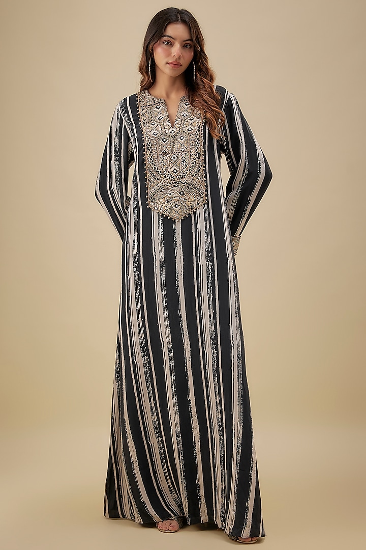 Black & White Crepe Embroidered Kaftan by Payal Singhal at Pernia's Pop Up Shop