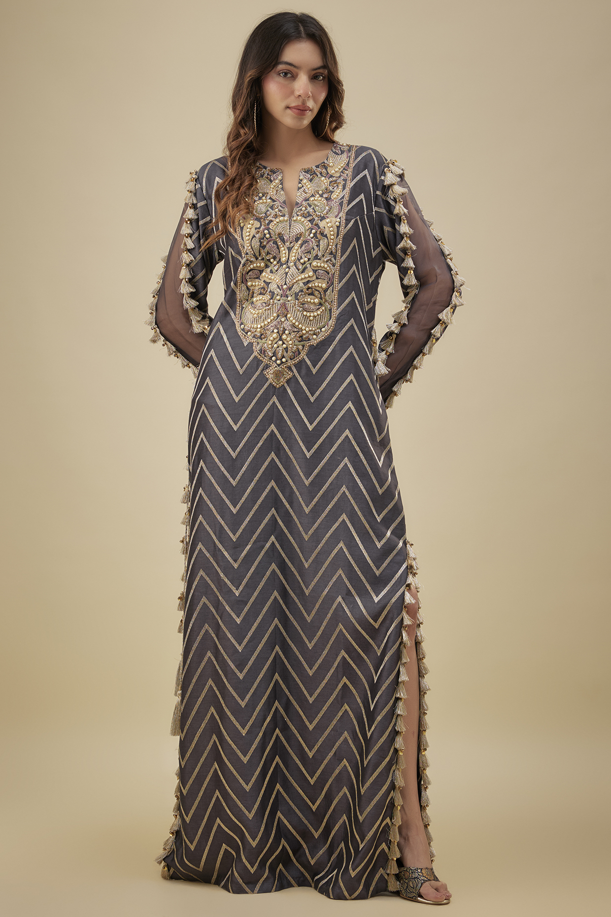 Charcoal Grey Chevron Silk Embroidered Kaftan by Payal Singhal at Pernia's Pop Up Shop