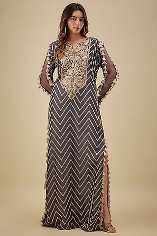 Charcoal Grey Chevron Silk Embroidered Kaftan by Payal Singhal