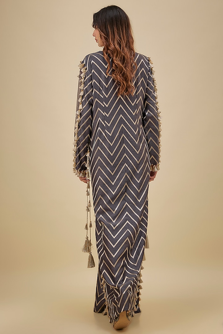 Charcoal Grey Chevron Silk Embroidered Kaftan by Payal Singhal at Pernia's Pop Up Shop