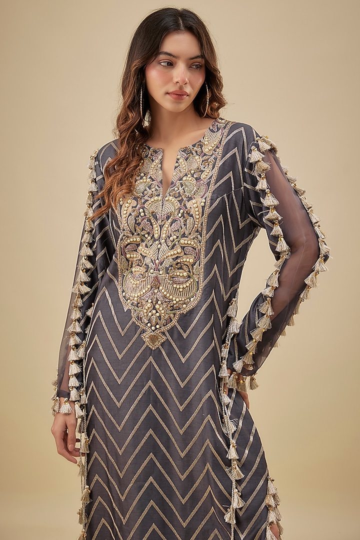 Charcoal Grey Chevron Silk Embroidered Kaftan by Payal Singhal at Pernia's Pop Up Shop