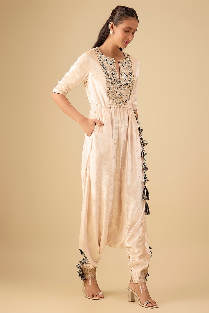 Stone-Colored Velvet Embroidered Low-Crotch Jumpsuit by Payal Singhal at Pernia's Pop Up Shop