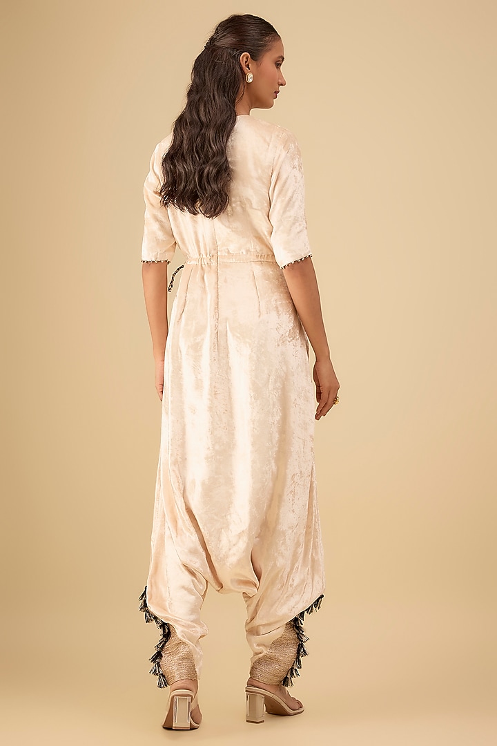 Stone-Colored Velvet Embroidered Low-Crotch Jumpsuit by Payal Singhal at Pernia's Pop Up Shop