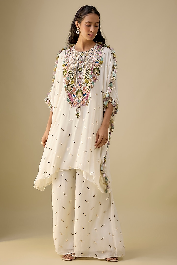 Off-White Mukaish Georgette Hand Embroidered Kaftan Set by Payal Singhal at Pernia's Pop Up Shop