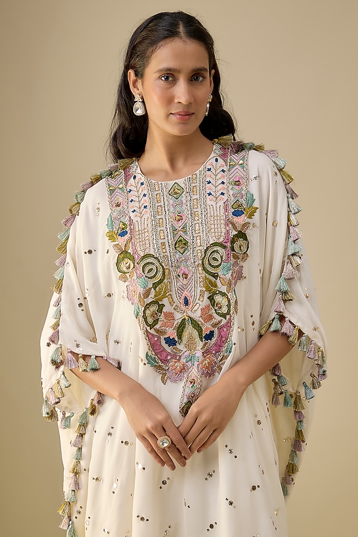 Off-White Mukaish Georgette Hand Embroidered Kaftan Set by Payal Singhal at Pernia's Pop Up Shop