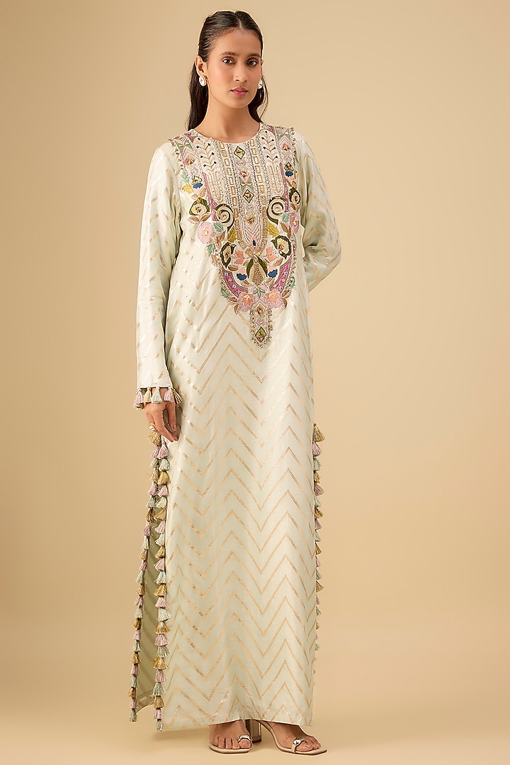 Off-White Dola Silk Zig-Zag Embroidered Kaftan by Payal Singhal at Pernia's Pop Up Shop