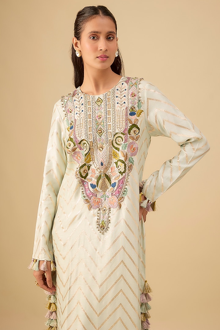 Off-White Dola Silk Zig-Zag Embroidered Kaftan by Payal Singhal at Pernia's Pop Up Shop