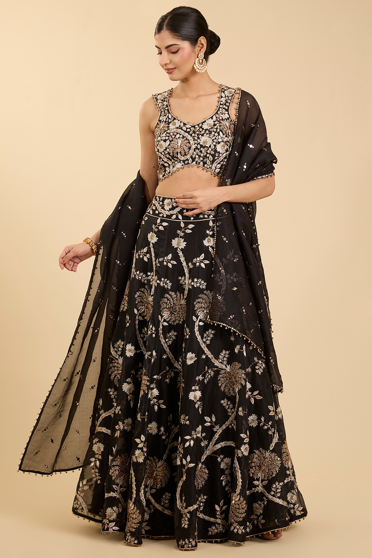 Payal Singhal Black Organza Embroidered Lehenga Set